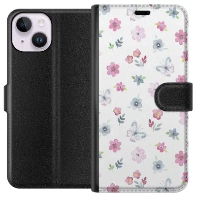 Plånboksfodral till Apple iPhone 15 med Blommor och fjärillar