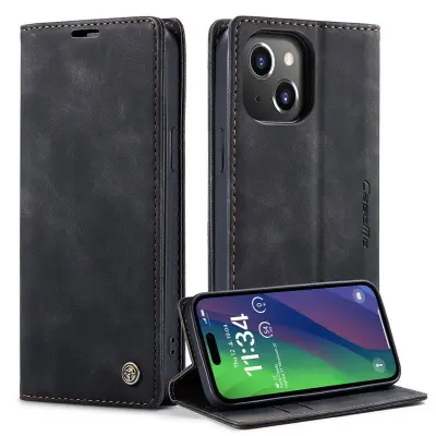 CASEME 013 iPhone 15 Konstläder Plånboksfodral Mobilskal Flip Ställ - Svart