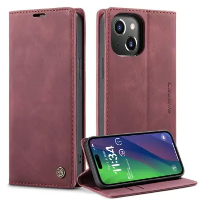 CASEME 013 Series iPhone 15 Konstläderplånboksfodral Röd