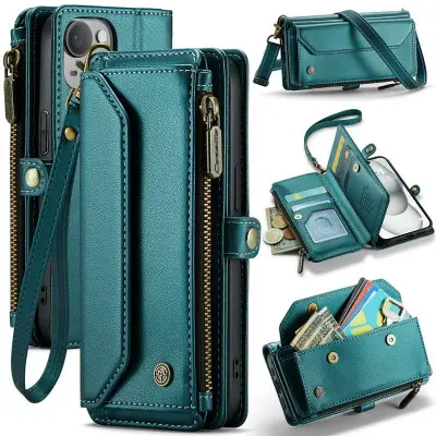 CASEME Plånboksfodral Konstläder för iPhone 15 med kortfack - Grön