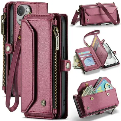 CASEME Plånboksfodral Konstläder för iPhone 15 med kortfack - Vinröd