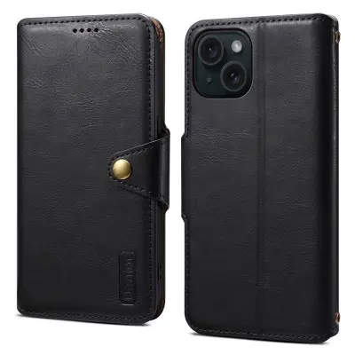 DENIOR iPhone 15 Plånboksfodral Äkta Läder Svart