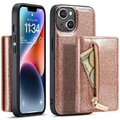DG.MING M3 Series iPhone 15 Konstläder Plånboksfodral Detachable Roséguld