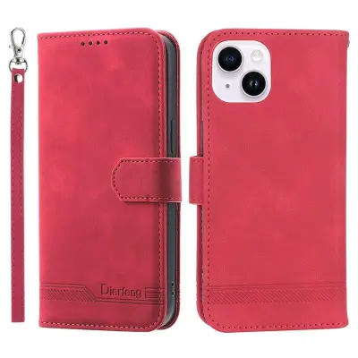 DIERFENG DF-03 Plånboksfodral i Konstläder för iPhone 15 - Röd