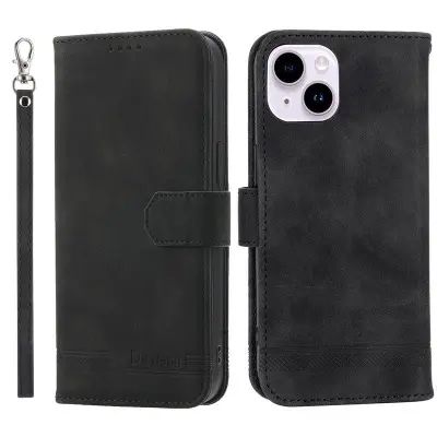 DIERFENG DF-03 Plånboksfodral i Konstläder för iPhone 15 - Svart