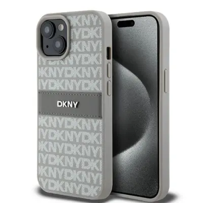DKNY iPhone 15/14/13 Mobilskal Läder Mono Stripe&Metal Logo - Beige
