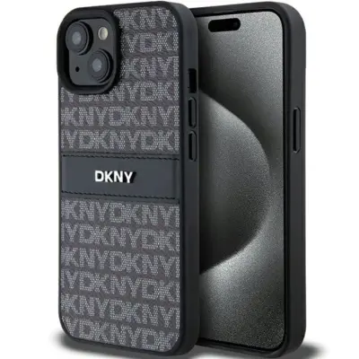 DKNY iPhone 15/14/13 Mobilskal Läder Mono Stripe&Metal Logo - Svart