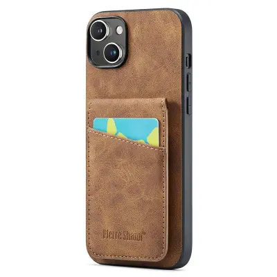 FIERRE SHANN för iPhone 15 Fodral Card Holder KonstLäder - Blå - Brun