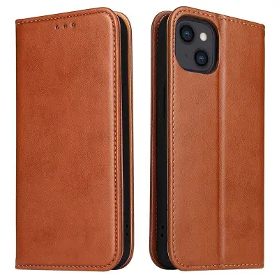 FIERRE SHANN för iPhone 15 Plånboksfodral Ställ Konstläder - Brun