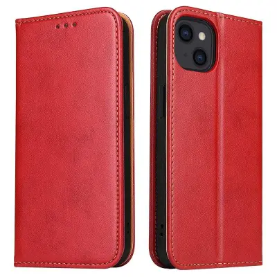 FIERRE SHANN för iPhone 15 Plånboksfodral Stand Konstläder - Röd