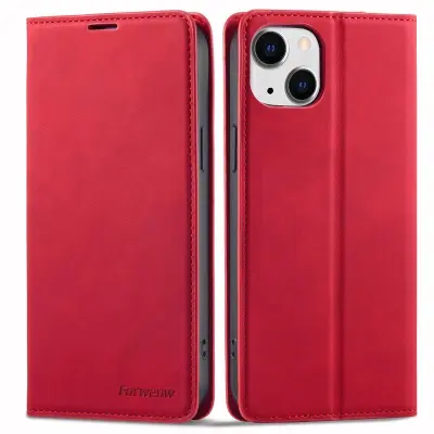 FORWENW iPhone 15 Plånboksfodral i Konstläder - Röd