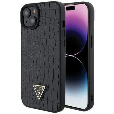 Guess iPhone 15 Mobilskal Croco Triangle Metal Logo - Svart