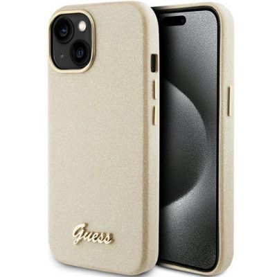 Guess iPhone 15 Mobilskal Glitter Glossy Script - Guld