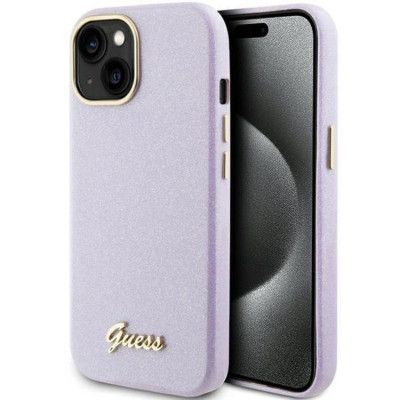 Guess iPhone 15 Mobilskal Glitter Glossy Script - Lila