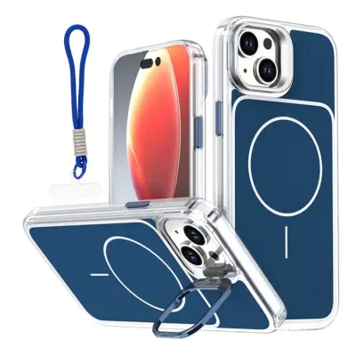iPhone 15 Mobilskal MagSafe Lens Kickstand med Handrem - Blå (Blå)