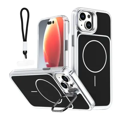 iPhone 15 Mobilskal MagSafe Lens Kickstand med Handrem (Svart)