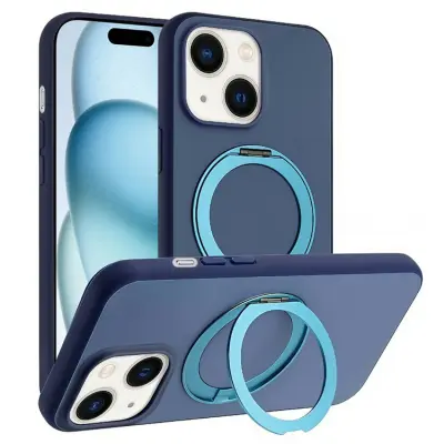 iPhone 15 Mobilskal MagSafe Rotary Kickstand Skin Touch - Blå (Mörkblå)