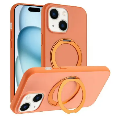 iPhone 15 Mobilskal MagSafe Rotary Kickstand Skin Touch - Orange (Orange)