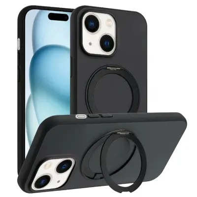 iPhone 15 Mobilskal MagSafe Rotary Kickstand Skin Touch (Svart)
