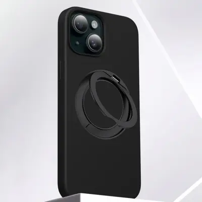 iPhone 15 Mobilskal MagSafe Silikon Roterande Kickstand (Svart)