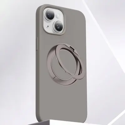 iPhone 15 Mobilskal MagSafe Silikon Roterande Kickstand - Grå (Grå)