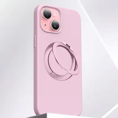 iPhone 15 Mobilskal MagSafe Silikon Roterande Kickstand - Rosa (Rosa)