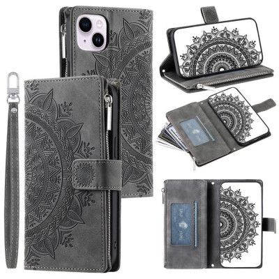 iPhone 15 Plånboksfodral Mandala Flower Imprinted - Grå
