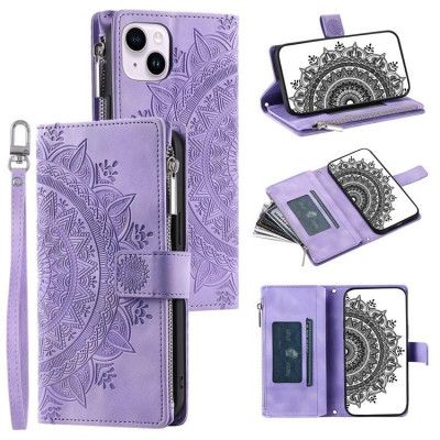 iPhone 15 Plånboksfodral Mandala Flower Imprinted - Lila