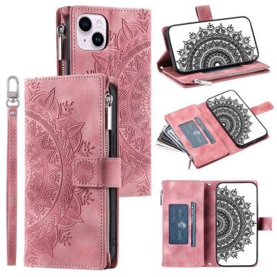 iPhone 15 Plånboksfodral Mandala Flower Imprinted - Rosa Guld