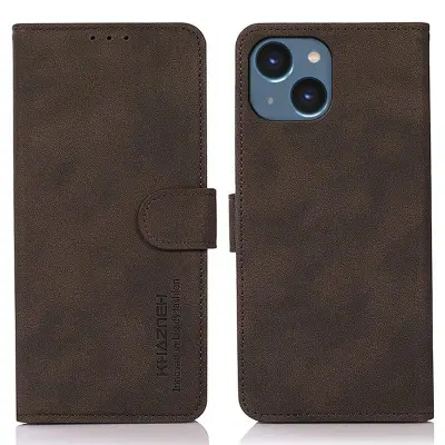 KHAZNEH iPhone 15 Plånboksfodral Anti-Dust TextuRöd Konstläder - Brun