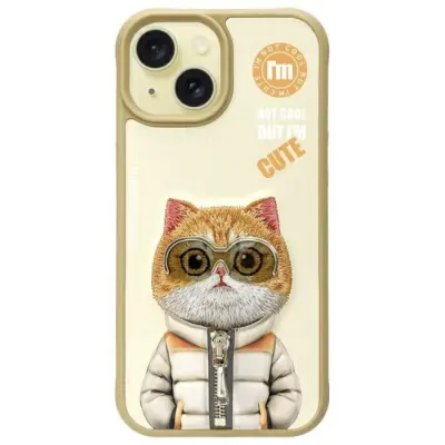 Nimmy iPhone 15 Mobilskal Cool&Cute 2.0 Cat - Khaki
