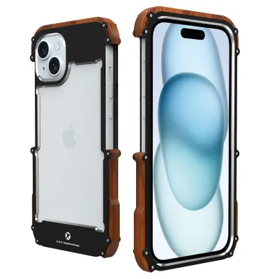 R-JUST iPhone 15 Mobilskal Drop Protection Aluminium + Trä Svart