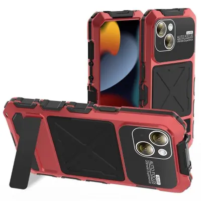 R-JUST iPhone 15 Mobilskal Silikon+Metal med Härdat Glas - Röd