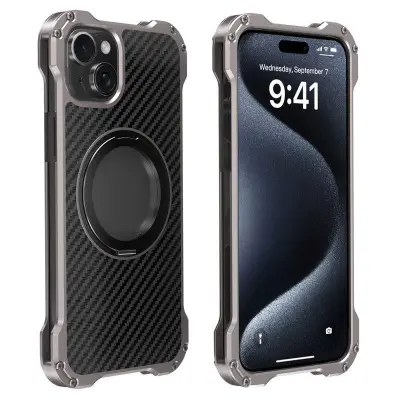 R-JUST RJ-51 iPhone 15 Mobilskal Aluminium Legering Rotbart Ställ Svart