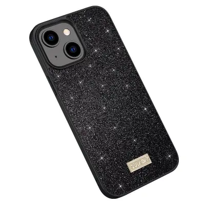 SULADA iPhone 15 Back Cover PU Läder Coated PC TPU Glittrig Svart