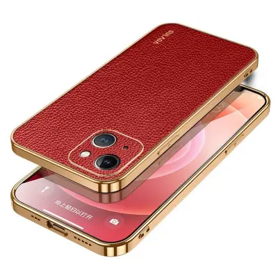 SULADA iPhone 15 Mobilskal Litchi Textur PU Läder + PC + TPU Röd