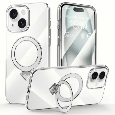 SULADA iPhone 15 Mobilskal MagSafe Fällbart Ställ Klart PC Silver