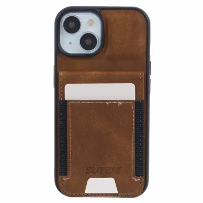 SUTENI iPhone 15 Mobilskal Korthållare Waxy Läder - Brun