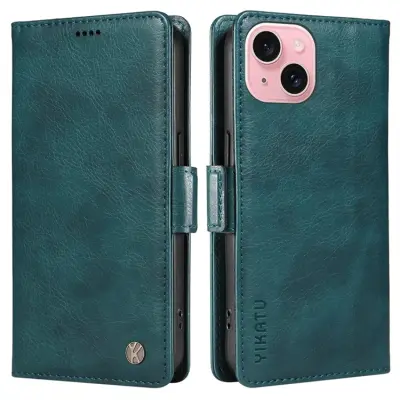 YIKATU iPhone 15 Konstläder Plånboksfodral Litchi Texture - Blå