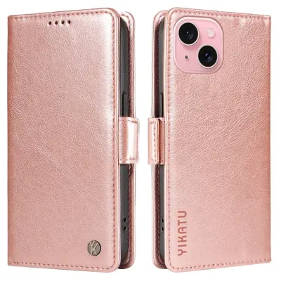 YIKATU iPhone 15 Konstläder Plånboksfodral Litchi Texture - Roséguld