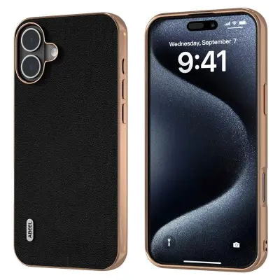 ABEEL iPhone 16 Plus Mobilskal Electroplating Äkta Läder + PC + TPU - Svart