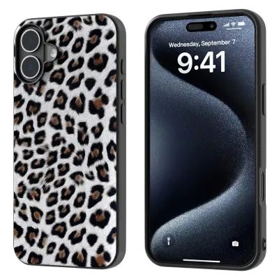 ABEEL iPhone 16 Plus Mobilskal Leopardtryck Läder + TPU Silver