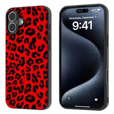 ABEEL iPhone 16 Plus Mobilskal Leopardtryck Läder+TPU Röd
