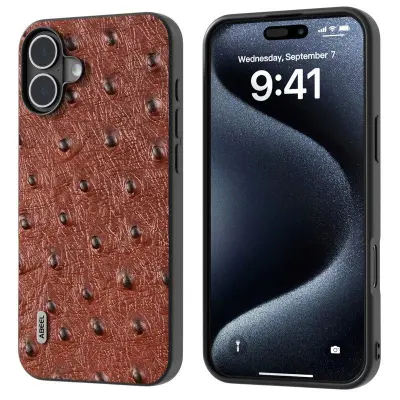 ABEEL iPhone 16 Plus Mobilskal Ostrich Textur Äkta Läder Brun