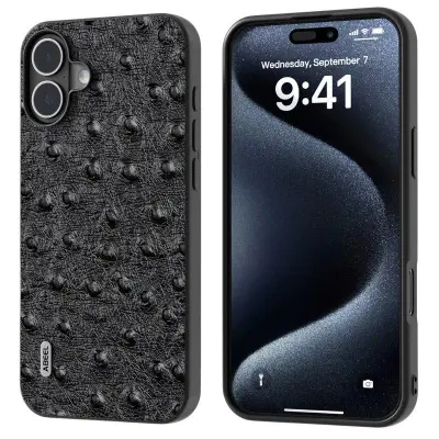 ABEEL iPhone 16 Plus Skal Ostrich Textur Äkta Läder Svart