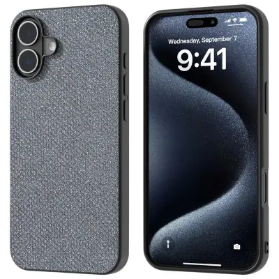 ABEEL iPhone 16 Plus Mobilskal Rhinestone Textur Grå Svart Kant