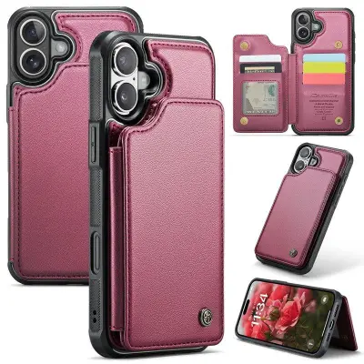 CASEME C22 iPhone 16 Plus Fodral KonstLäder RFID-Skydd- Röd