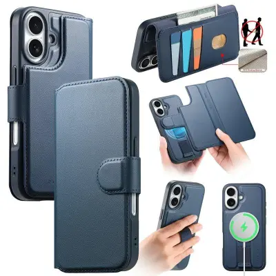 CASENEO iPhone 16 Plus Plånboksfodral RFID Blocking Konstläder - Blå