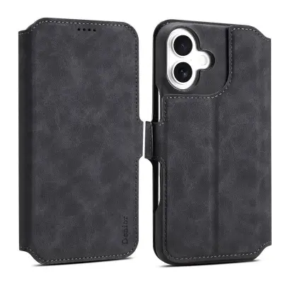 DENIOR B07 iPhone 16 Plus Fodral Läder + PC Magnetiskt Avtagbart - Svart