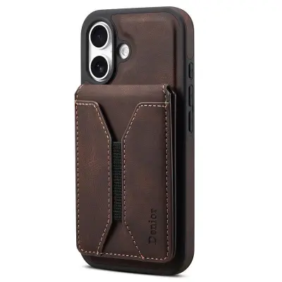 DENIOR D18 iPhone 16 Plus Fodral Ring Ställ i Konstläder - Brun